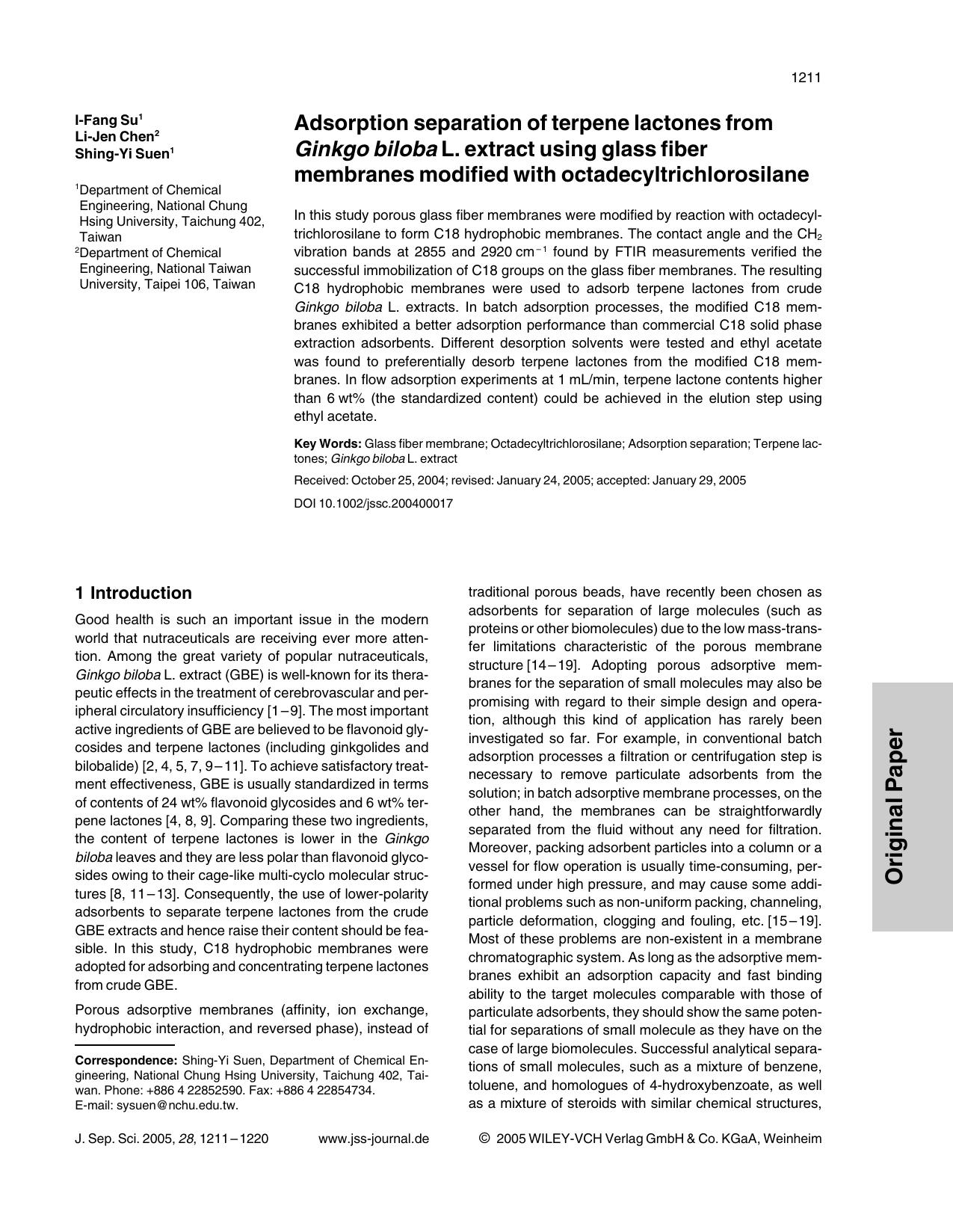 Adsorption separation of terpene lactones from Ginkgo biloba L. extract using glass fiber membranes modified with octadecyltrichlorosilane by Unknown