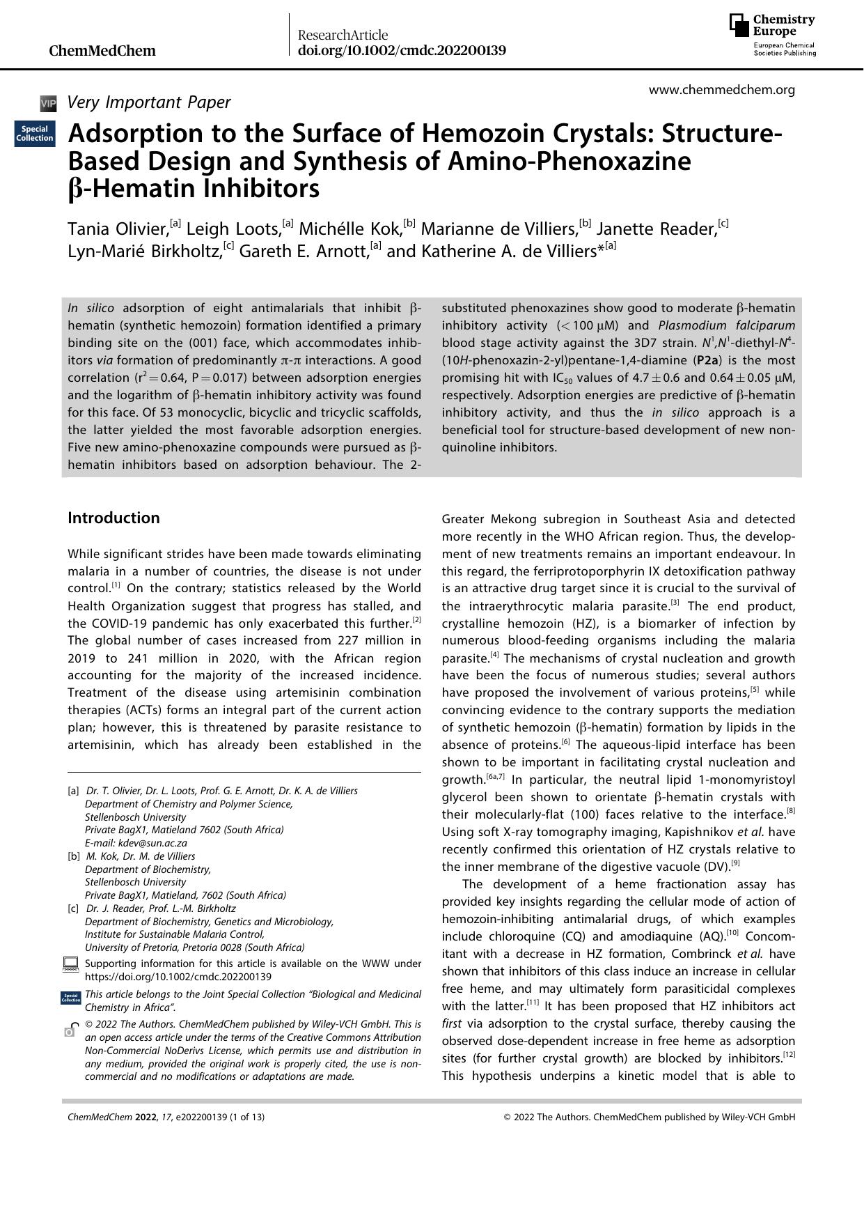 Adsorption to the Surface of Hemozoin Crystals: StructureâBased Design and Synthesis of AminoâPhenoxazine Î²âHematin Inhibitors by Unknown