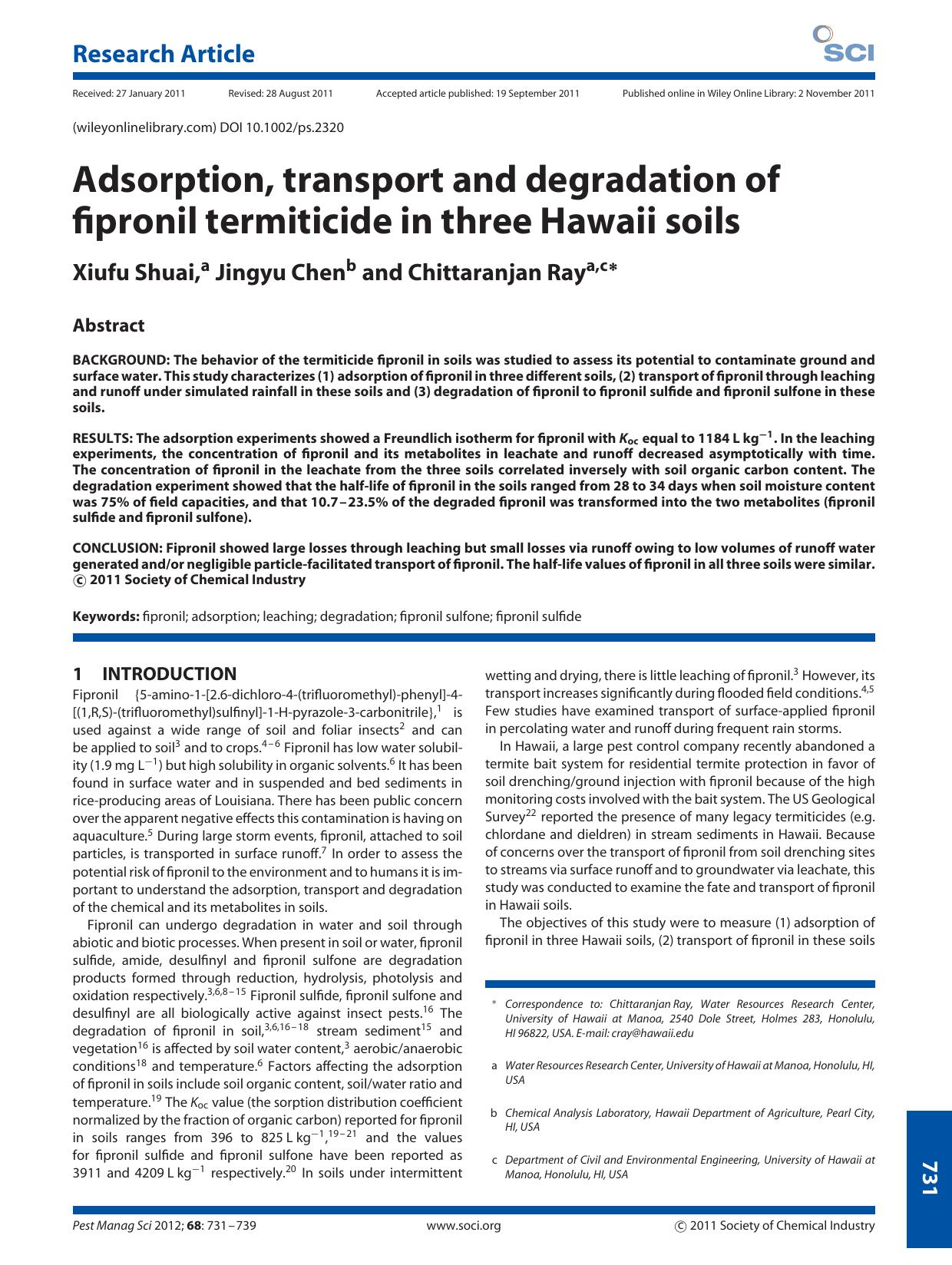 Adsorption, transport and degradation of fipronil termiticide in three Hawaii soils by Unknown