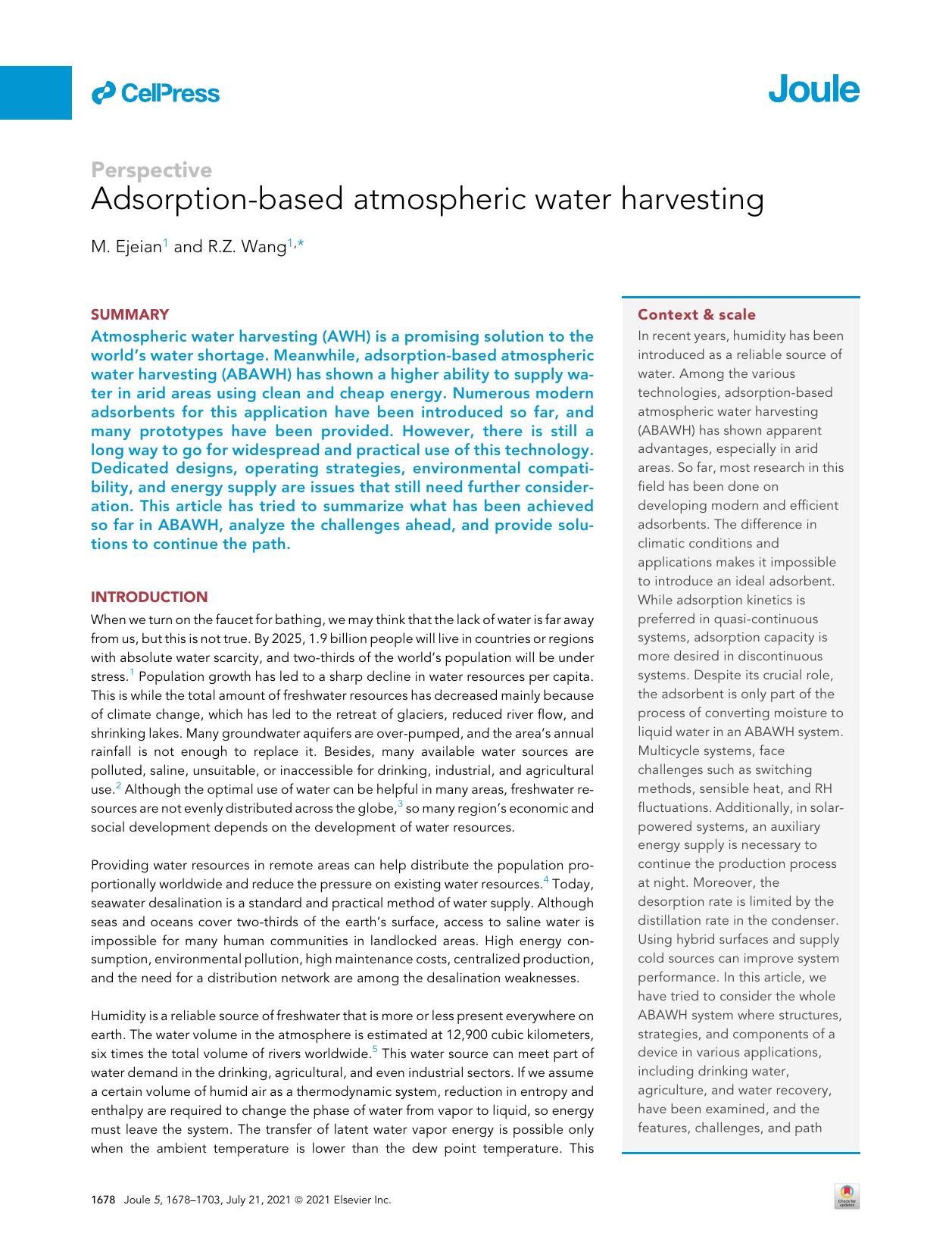 Adsorption-based atmospheric water harvesting by M. Ejeian & R.Z. Wang