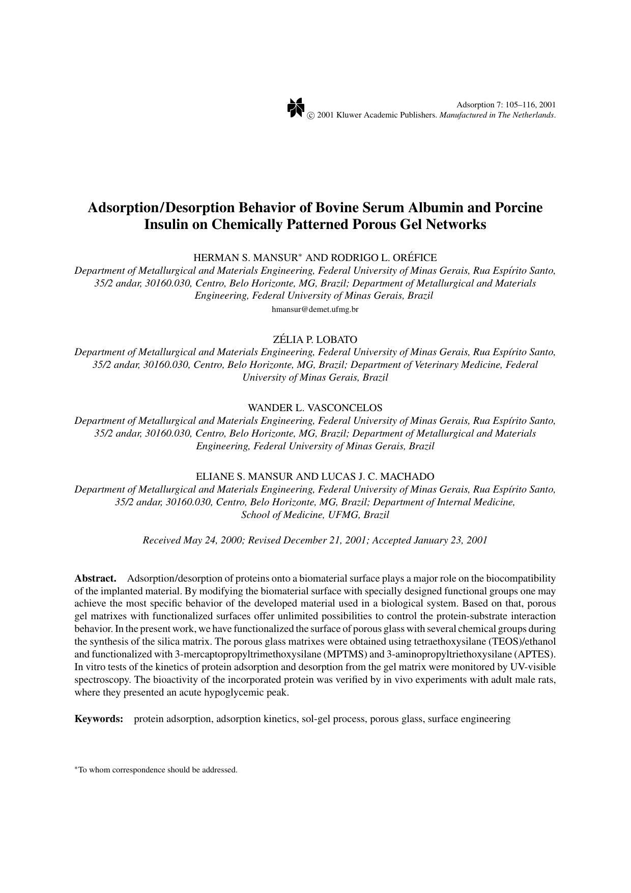 AdsorptionDesorption Behavior of Bovine Serum Albumin and Porcine Insulin on Chemically Patterned Porous Gel Networks by Unknown