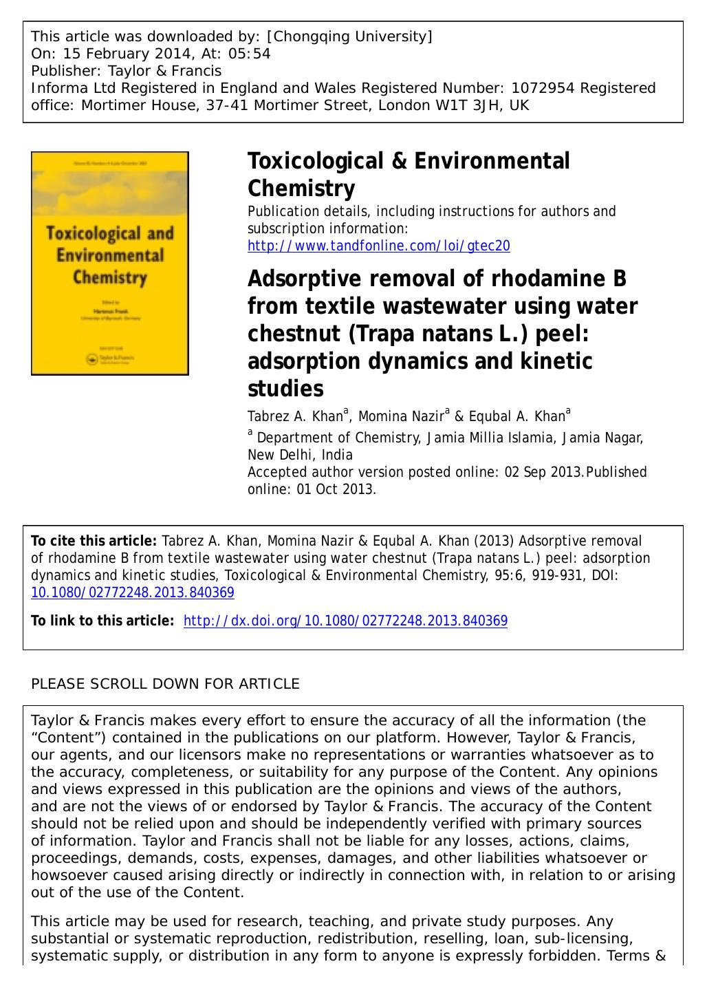 Adsorptive removal of rhodamine B from textile wastewater using water chestnut \(Trapa natans L.\) peel: adsorption dynamics and kinetic studies by Tabrez A. Khan & Momina Nazir & Equbal A. Khan