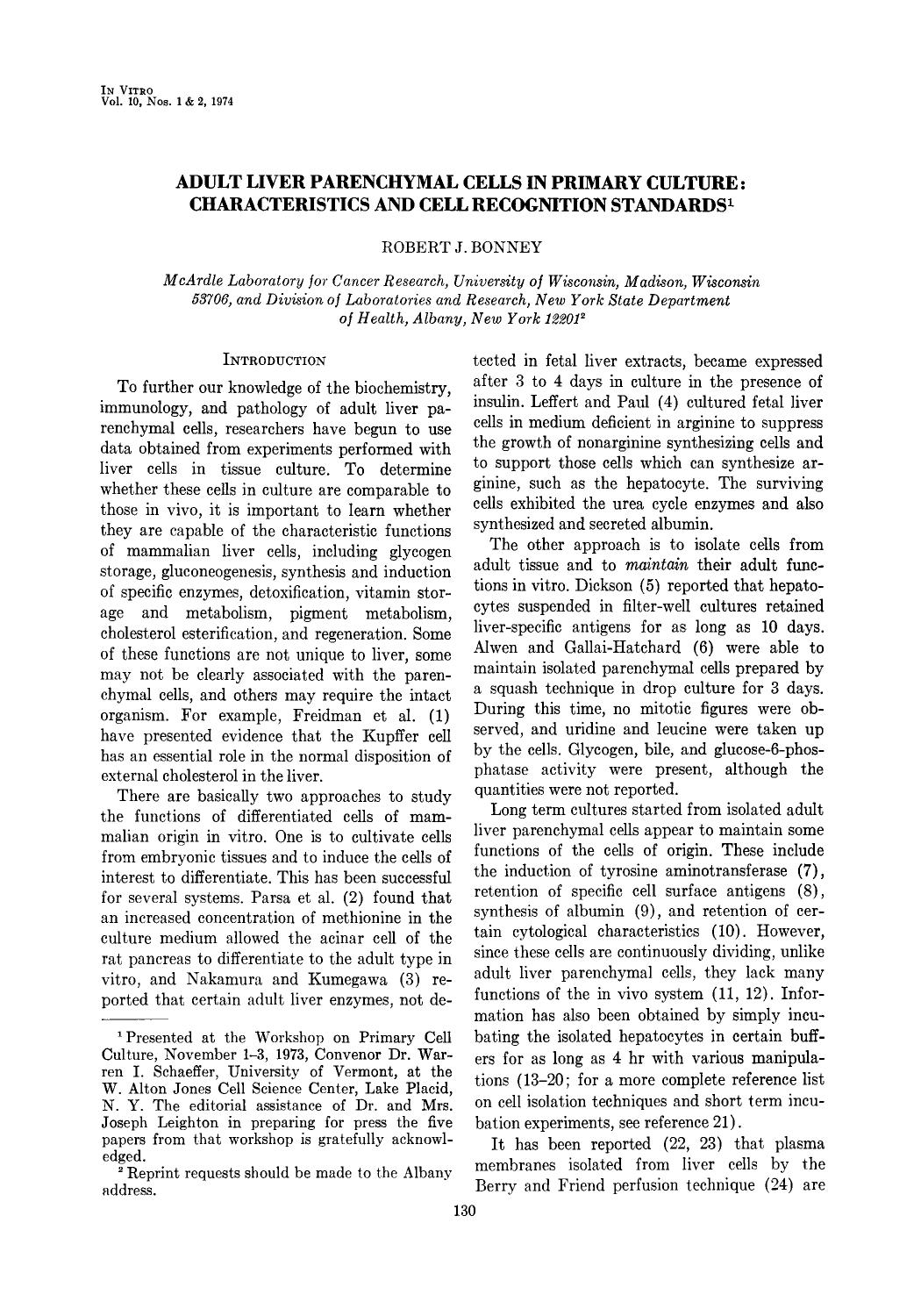 Adult liver parenchymal cells in primary culture: Characteristics and cell recognition standards by Unknown