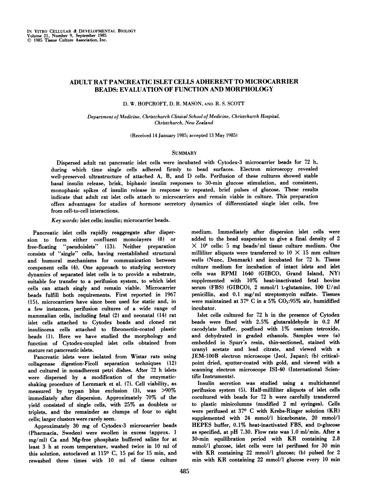 Adult rat pancreatic islet cells adherent to microcarrier beads: Evaluation of function and morphology by Unknown