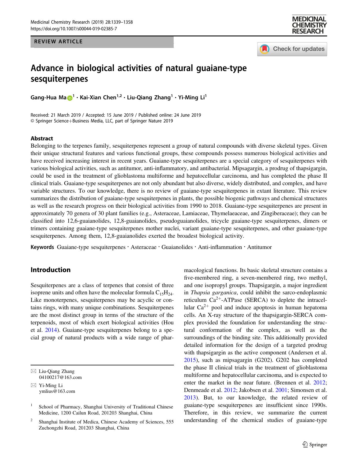 Advance in biological activities of natural guaiane-type sesquiterpenes by Gang-Hua Ma & Kai-Xian Chen & Liu-Qiang Zhang & Yi-Ming Li