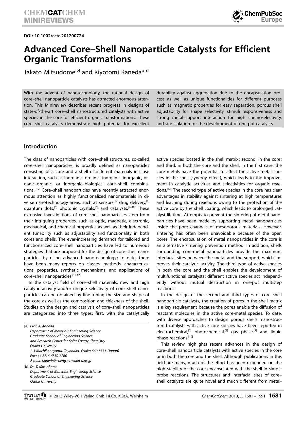 Advanced CoreShell Nanoparticle Catalysts for Efficient Organic Transformations by Unknown