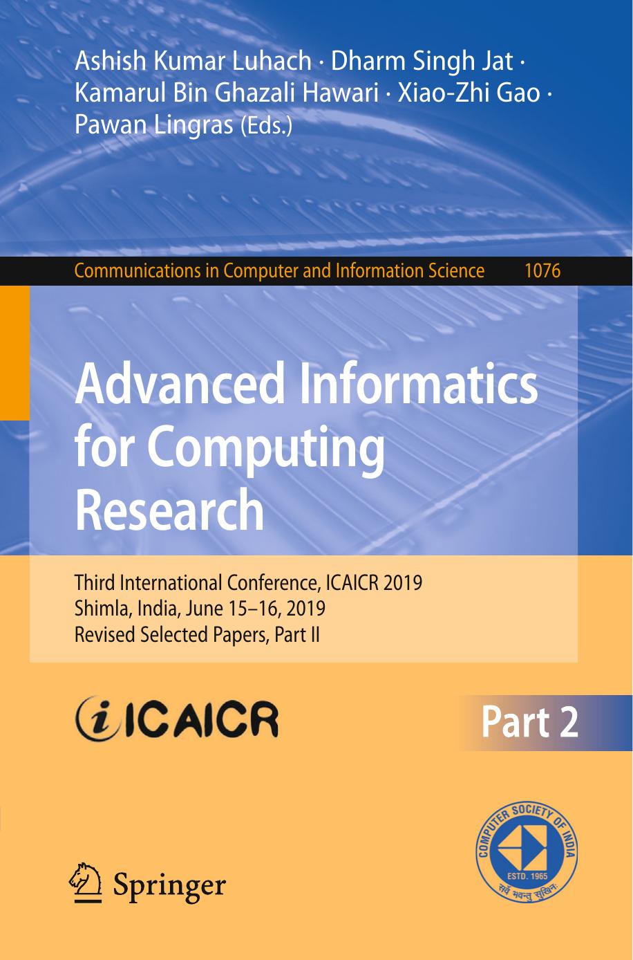 Advanced Informatics for Computing Research: Third International Conference, ICAICR 2019, Shimla, India, June 15â16, 2019, Revised Selected Papers, Part II by Ashish Kumar Luhach