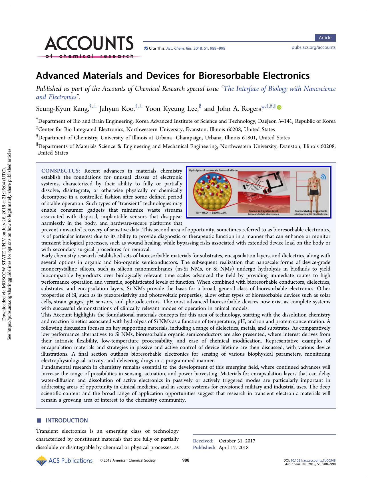 Advanced Materials and Devices for Bioresorbable Electronics by Seung-Kyun Kang & Jahyun Koo & Yoon Kyeung Lee & John A. Rogers
