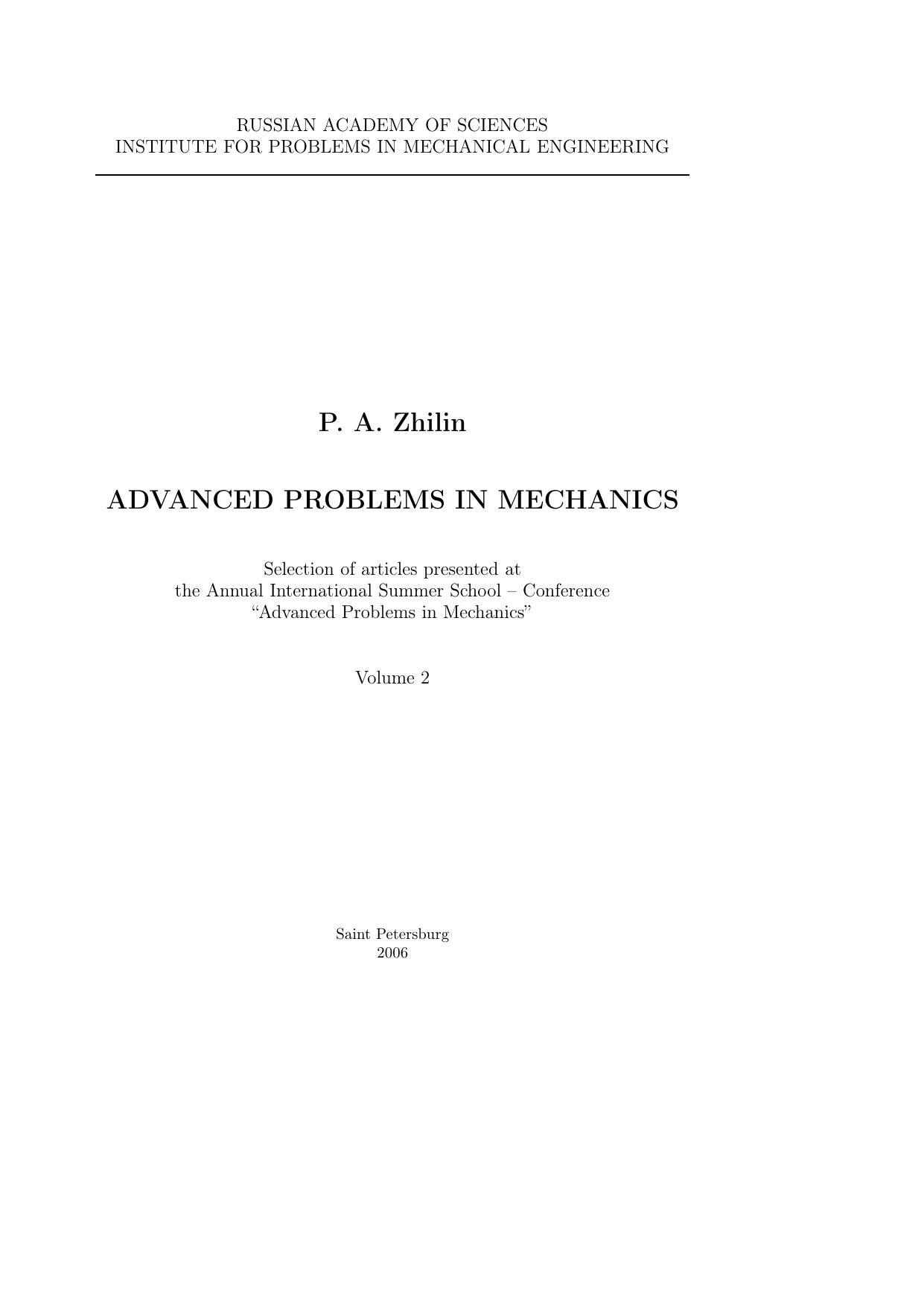Advanced Problems in Mechanics. Volume 2 by Zhilin P.A