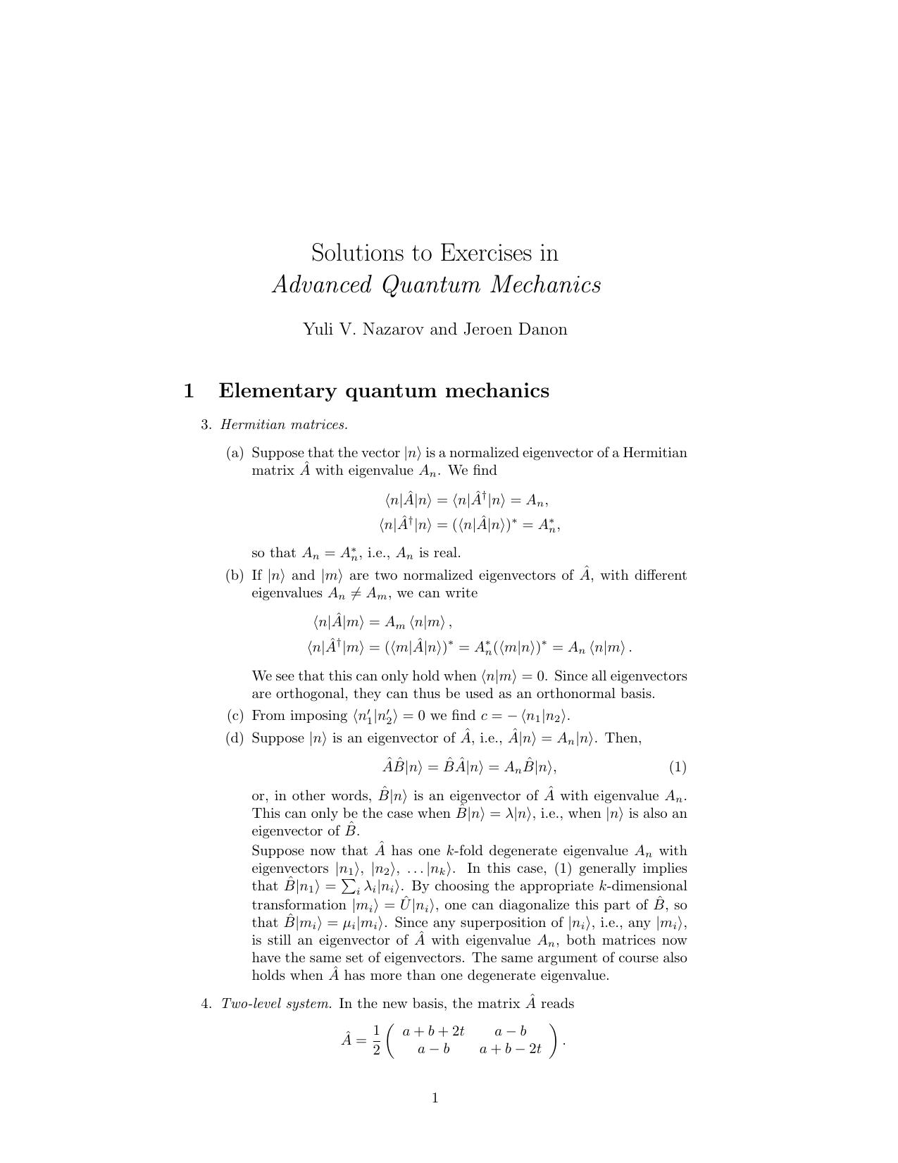 Advanced Quantum Mechanics A Practical Guide (Instructor Solution Manual, Solutions) by Unknown