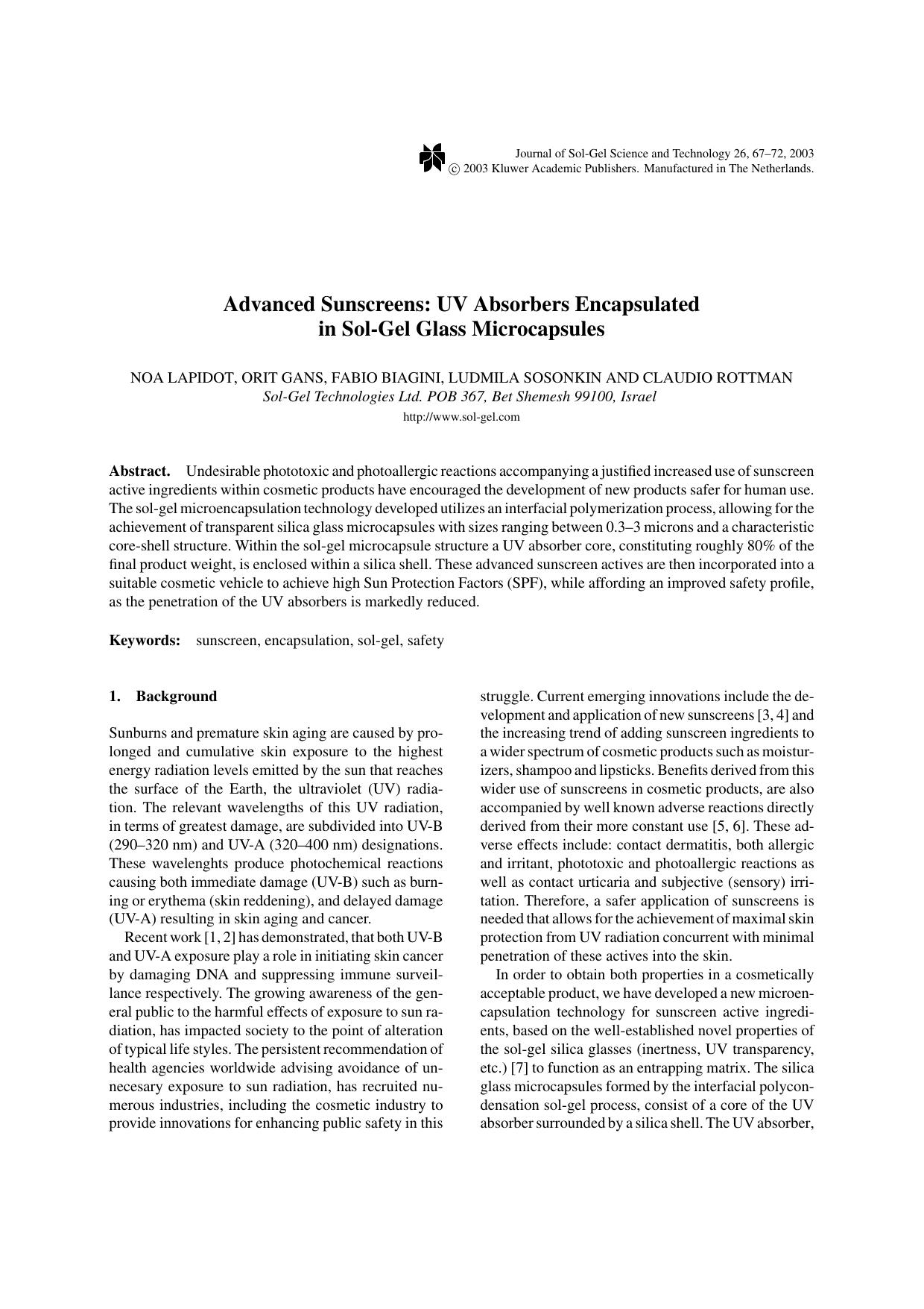 Advanced Sunscreens: UV Absorbers Encapsulated in Sol-Gel Glass Microcapsules by Unknown