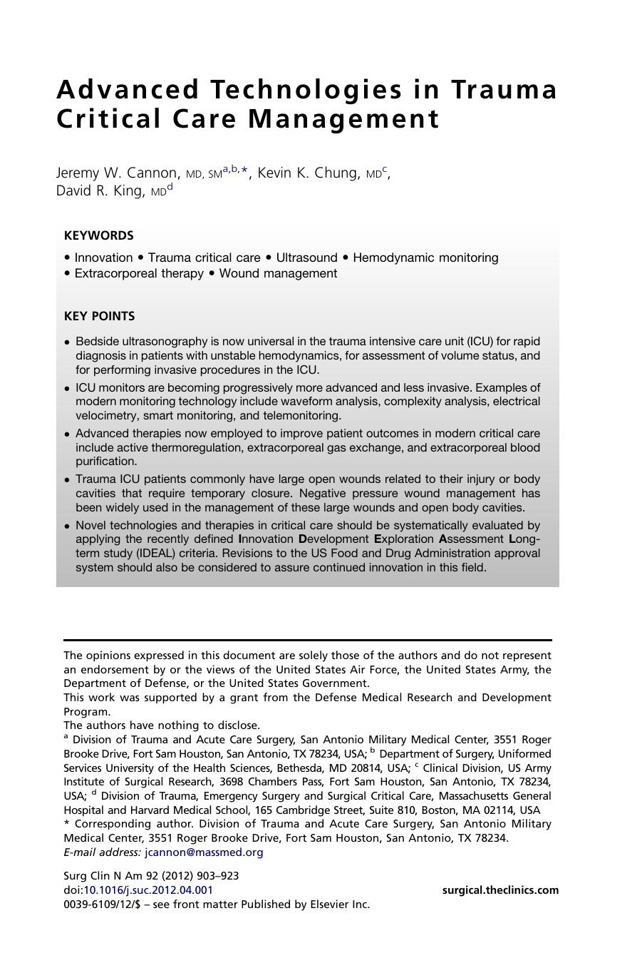 Advanced Technologies in Trauma Critical Care Management by Jeremy W. Cannon MD SM; Kevin K. Chung MD; David R. King MD & Kevin K. Chung MD & David R. King MD
