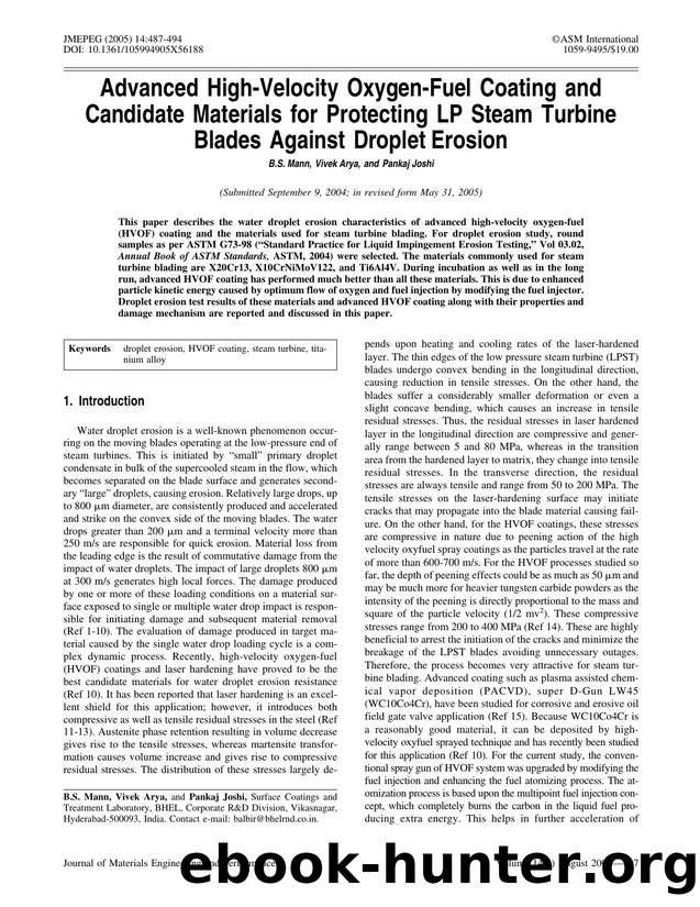 Advanced high-velocity oxygen-fuel coating and candidate materials for protecting LP steam turbine blades against droplet erosion by Unknown