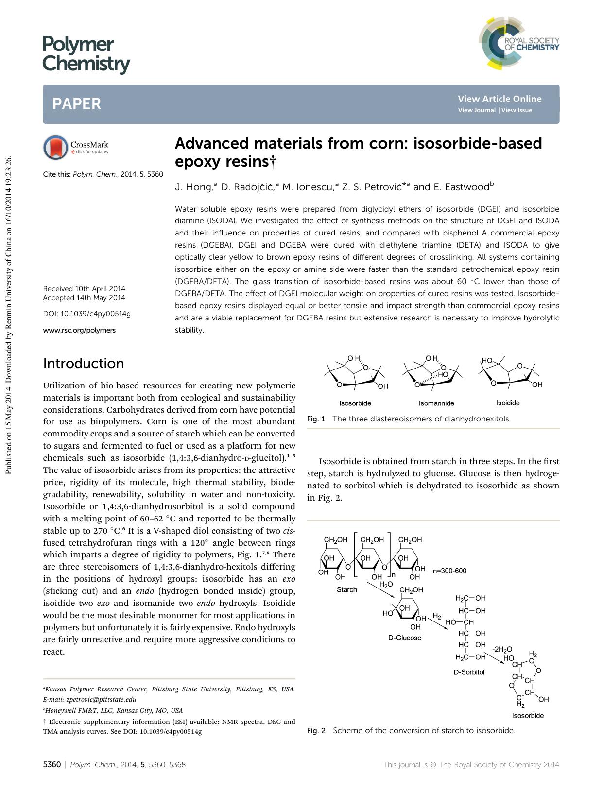 Advanced materials from corn: isosorbide-based epoxy resins by J. Hong & D. Radojčić & M. Ionescu & Z. S. Petrović & E. Eastwood