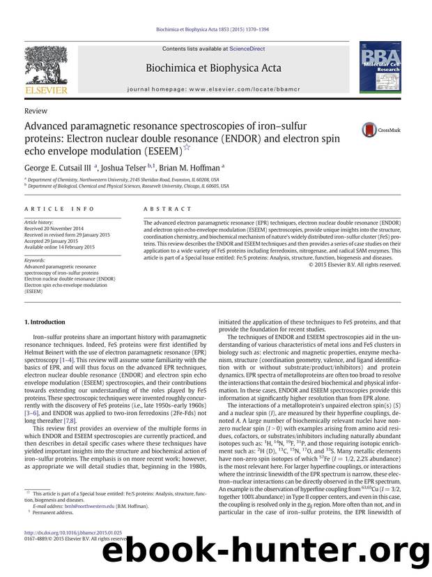 Advanced paramagnetic resonance spectroscopies of ironâsulfur proteins: Electron nuclear double resonance (ENDOR) and electron spin echo envelope modulation (ESEEM) by George E. Cutsail III & Joshua Telser & Brian M. Hoffman
