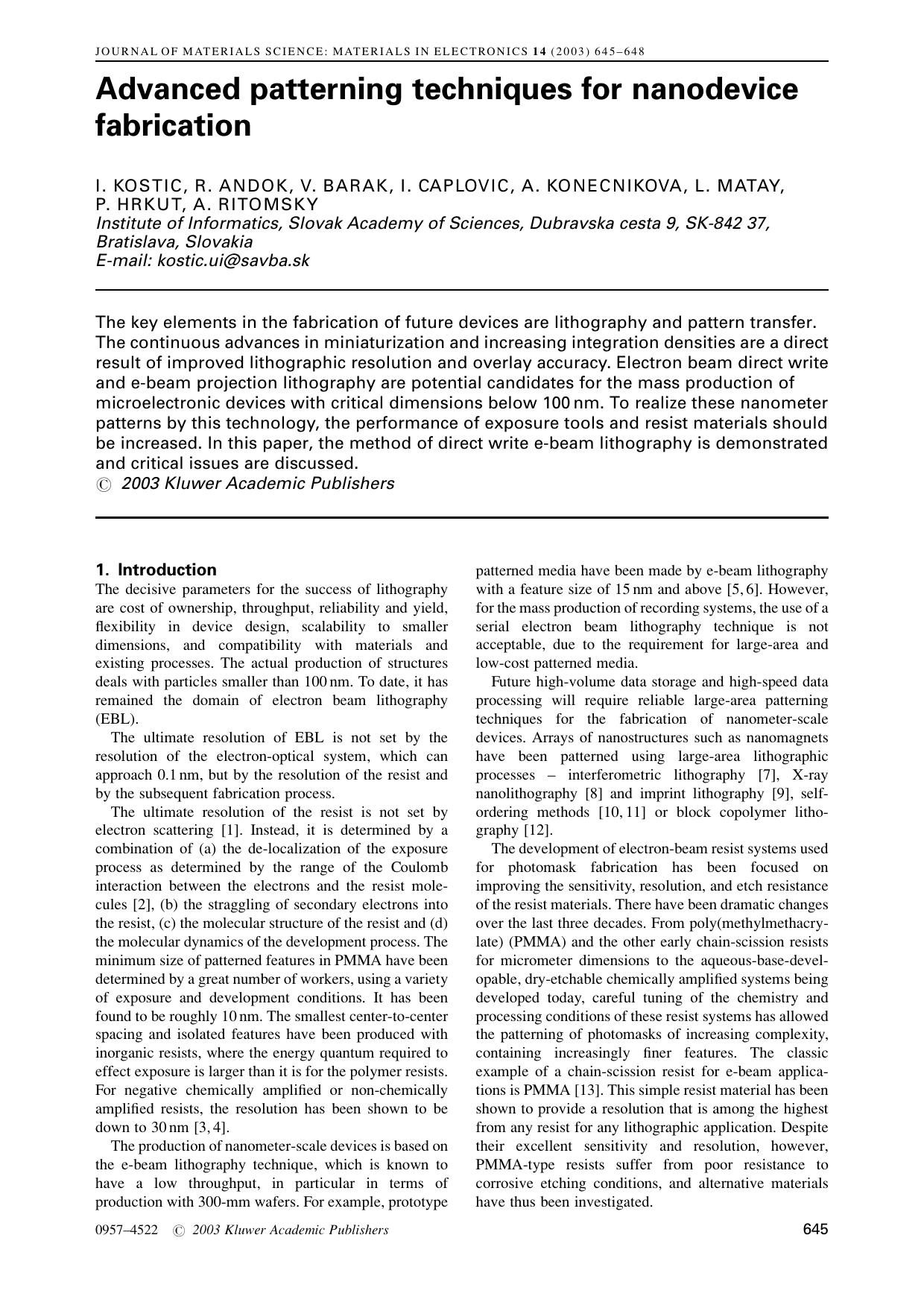 Advanced patterning techniques for nanodevice fabrication by Unknown
