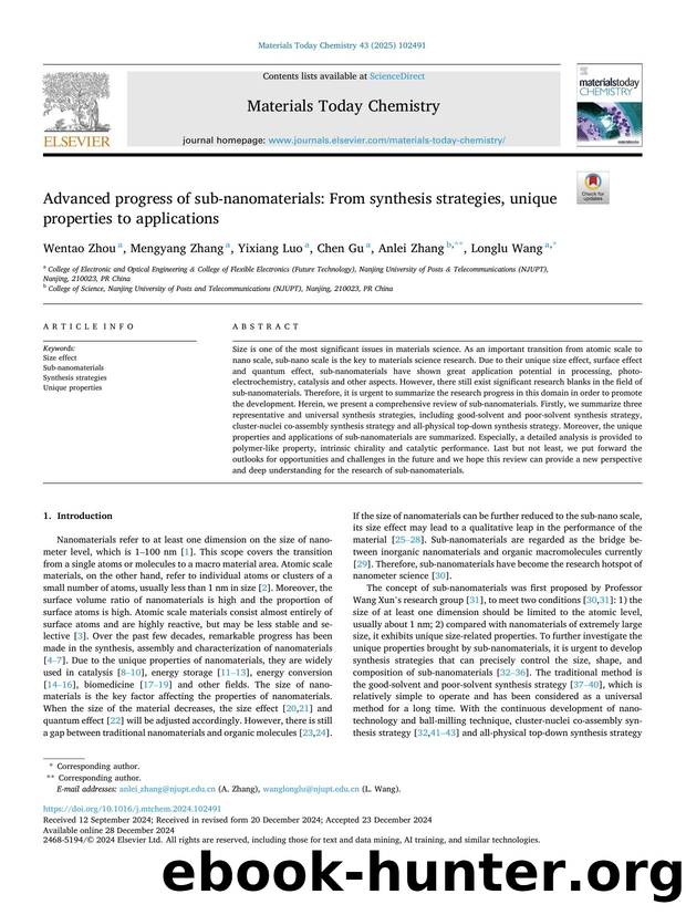 Advanced progress of sub-nanomaterials: From synthesis strategies, unique properties to applications by Wentao Zhou & Mengyang Zhang & Yixiang Luo & Chen Gu & Anlei Zhang & Longlu Wang