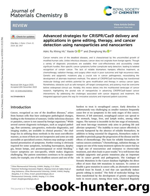 Advanced strategies for CRISPRCas9 delivery and applications in gene editing, therapy, and cancer detection using nanoparticles and nanocarriers by Adric Ru Khiing Hii & Xiaole Qi & Zhenghong Wu