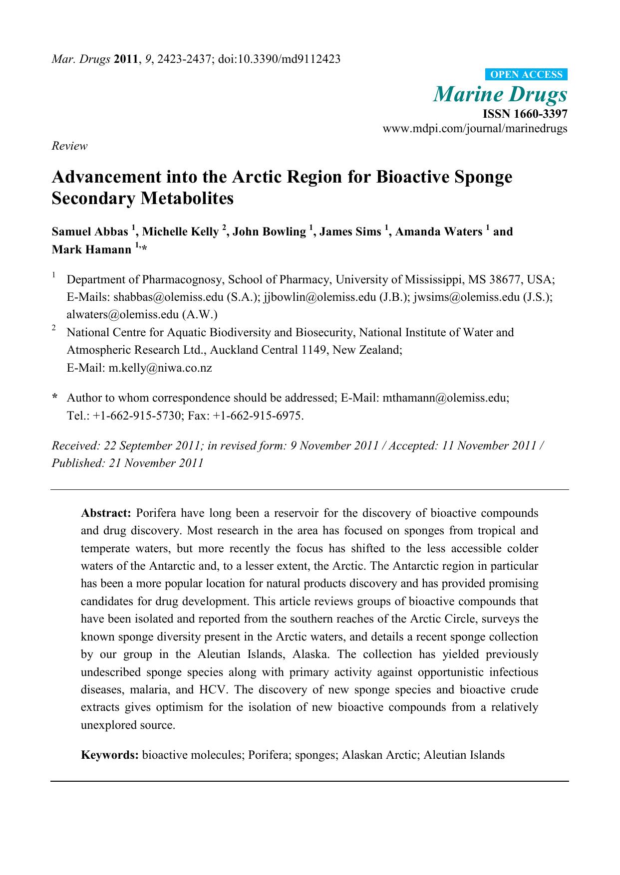 Advancement into the Arctic Region for Bioactive Sponge Secondary Metabolites by Samuel Abbas & Michelle Kelly & John Bowling & James Sims & Amanda Waters & Mark Hamann