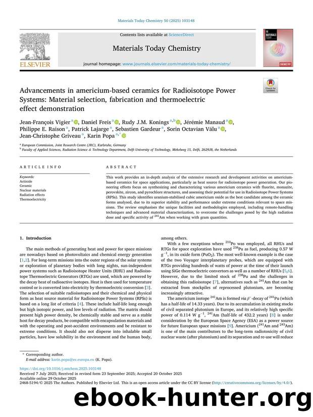Advancements in americium-based ceramics for Radioisotope Power Systems: Material selection, fabrication and thermoelectric effect demonstration by unknow