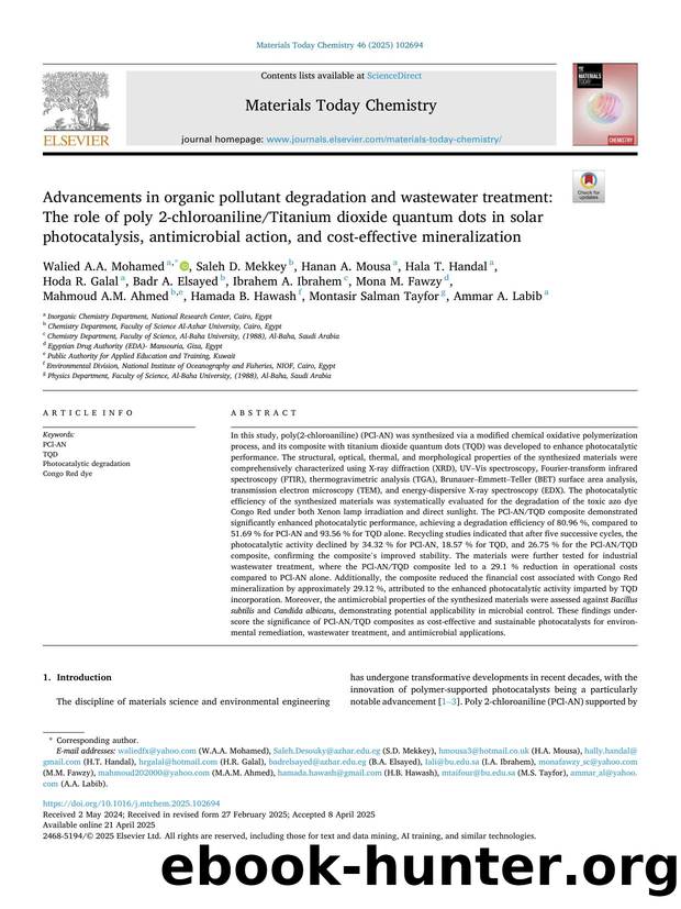 Advancements in organic pollutant degradation and wastewater treatment: The role of poly 2-chloroanilineTitanium dioxide quantum dots in solar photocatalysis, antimicrobial action, by unknow