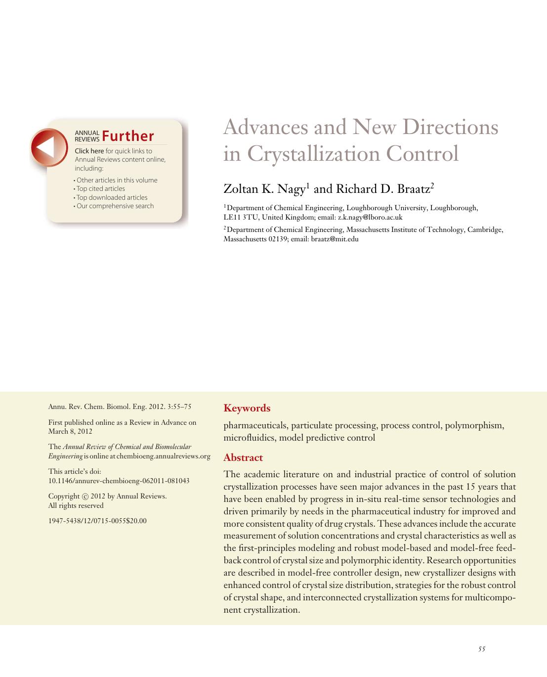 Advances and New Directions in Crystallization Control by Zoltan K. Nagy and Richard D. Braatz