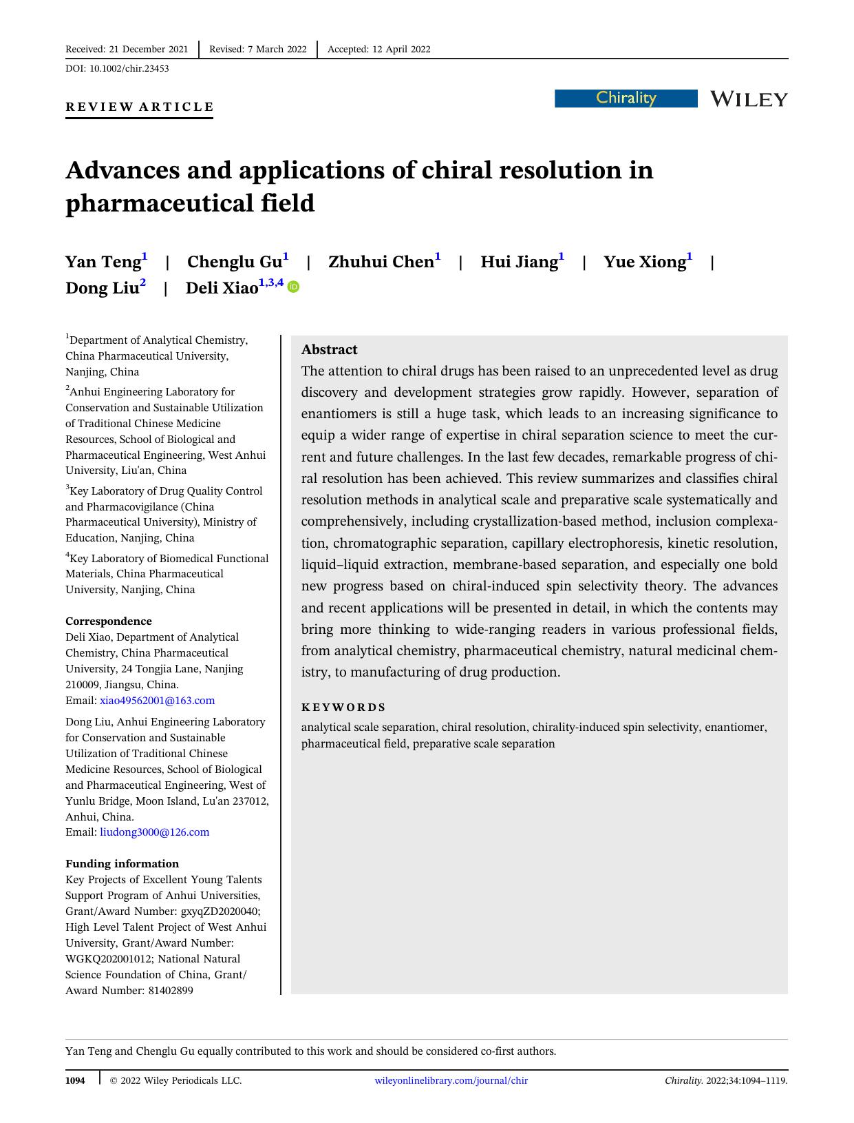 Advances and applications of chiral resolution in pharmaceutical field by Yan Teng Chenglu Gu Zhuhui Chen Hui Jiang Yue Xiong Dong Liu Deli Xiao