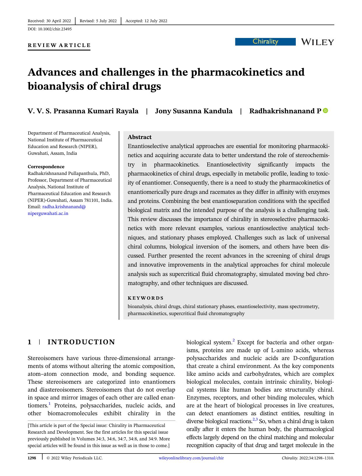 Advances and challenges in the pharmacokinetics and bioanalysis of chiral drugs by V. V. S. Prasanna Kumari Rayala Jony Susanna Kandula Radhakrishnanand P