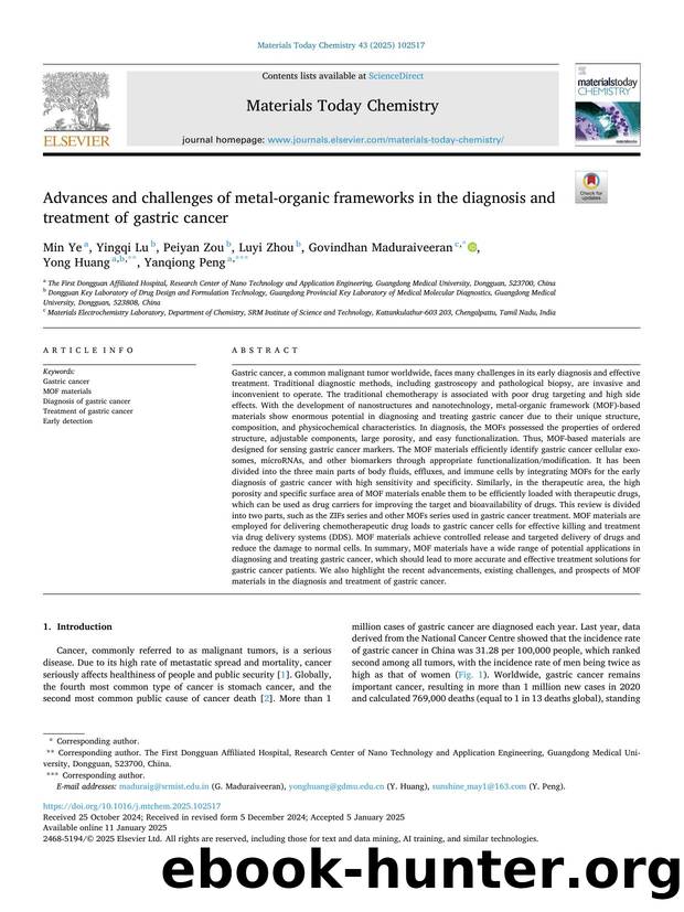 Advances and challenges of metal-organic frameworks in the diagnosis and treatment of gastric cancer by Min Ye & Yingqi Lu & Peiyan Zou & Luyi Zhou & Govindhan Maduraiveeran & Yong Huang & Yanqiong Peng