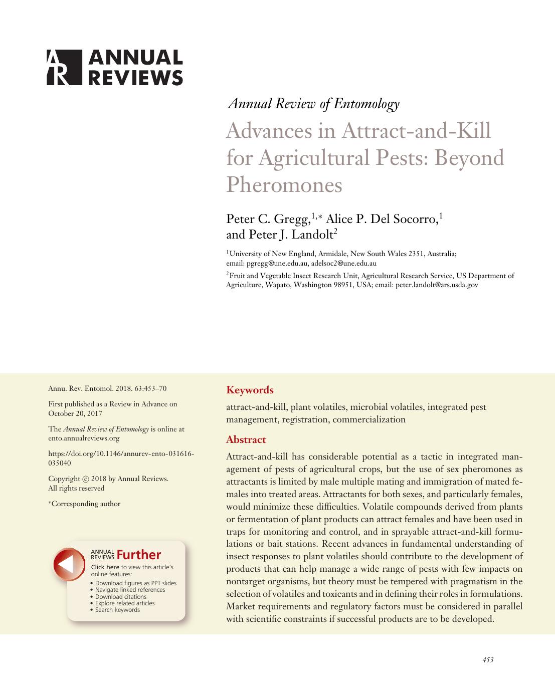 Advances in Attract-and-Kill for Agricultural Pests: Beyond Pheromones by Peter C. Gregg Alice P. Del Socorro Peter J. Landolt