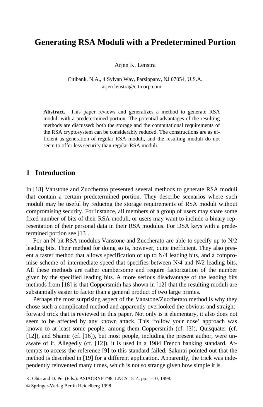 Advances in Cryptology â ASIACRYPTâ98: International Conference on the Theory and Application of Cryptology and Information Security Beijing, China, October 18â22, 1998 Proceedings by Arjen K. Lenstra (auth.)