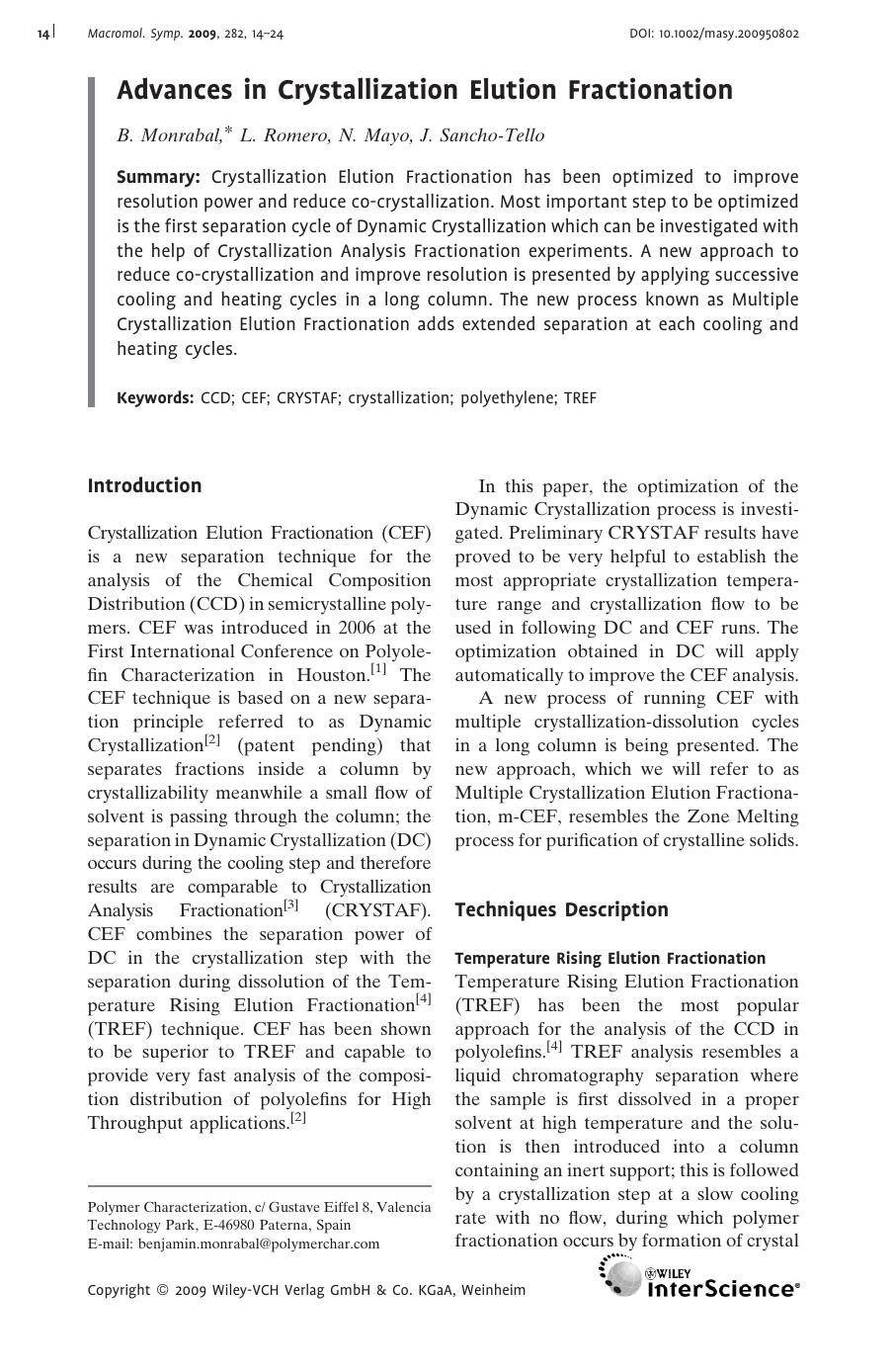 Advances in Crystallization Elution Fractionation by Unknown