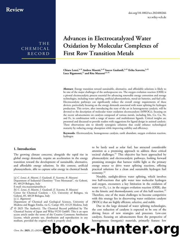 Advances in Electrocatalyzed Water Oxidation by Molecular Complexes of First Row Transition Metals by Chiara Lenzi & Andrea Masetti & Isacco Gualandi & Erika Scavetta & Luca Rigamonti & Rita Mazzoni