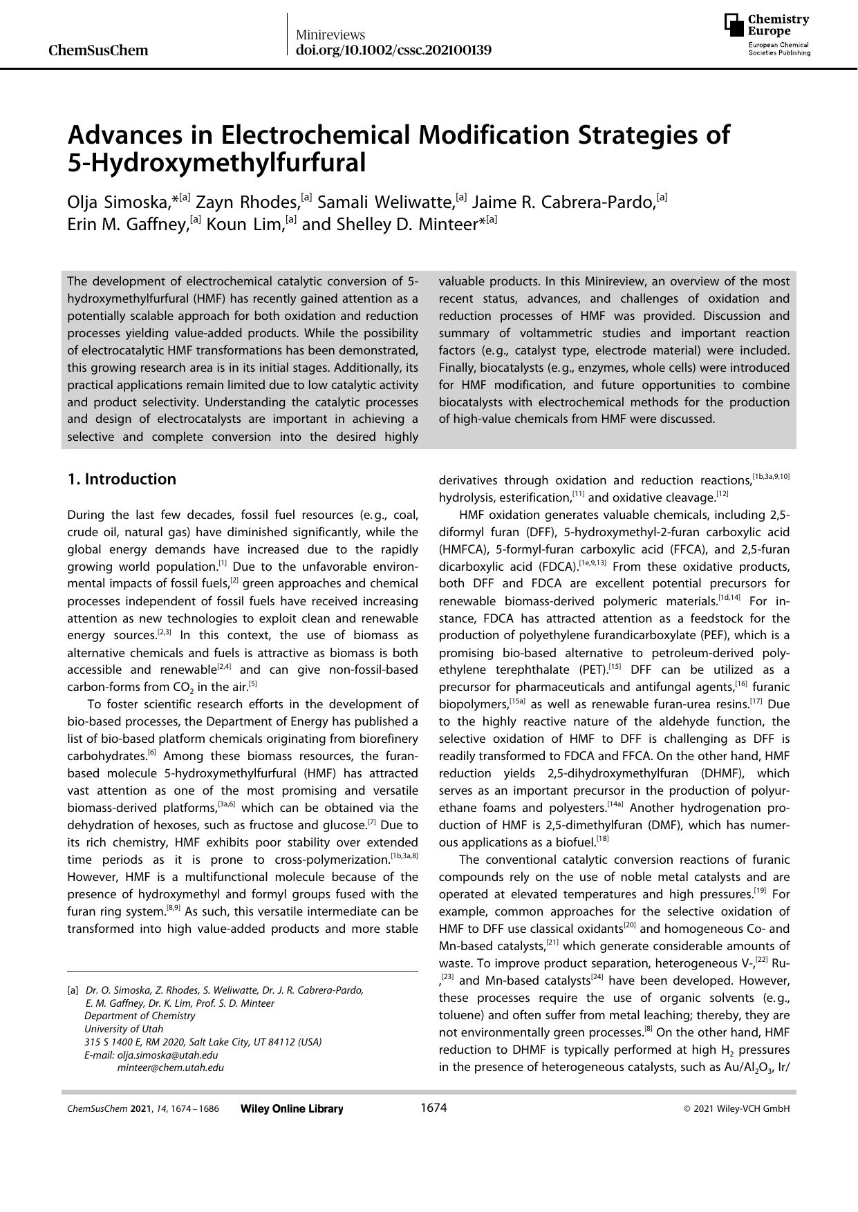 Advances in Electrochemical Modification Strategies of 5âHydroxymethylfurfural by Unknown