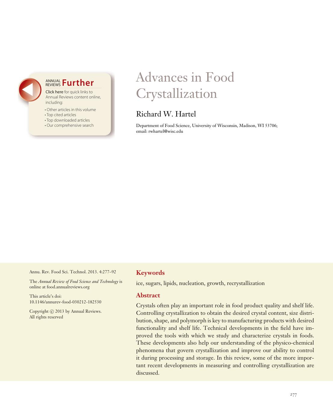 Advances in Food Crystallization by Richard W. Hartel