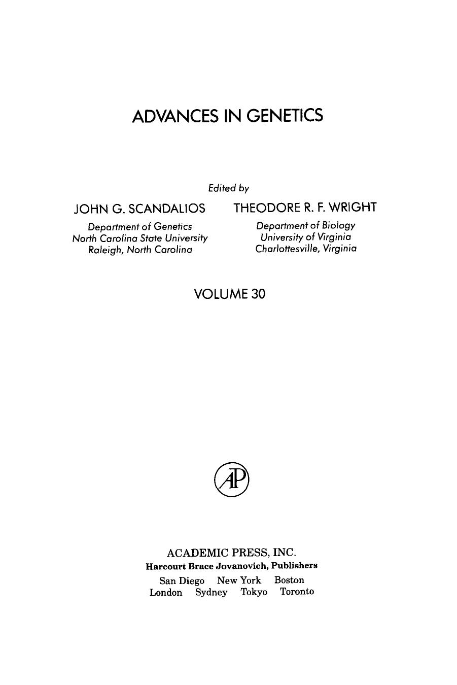 Advances in Genetics, Vol. 30 by John G. Scandalios Theodore R.F. Wright (Eds.)