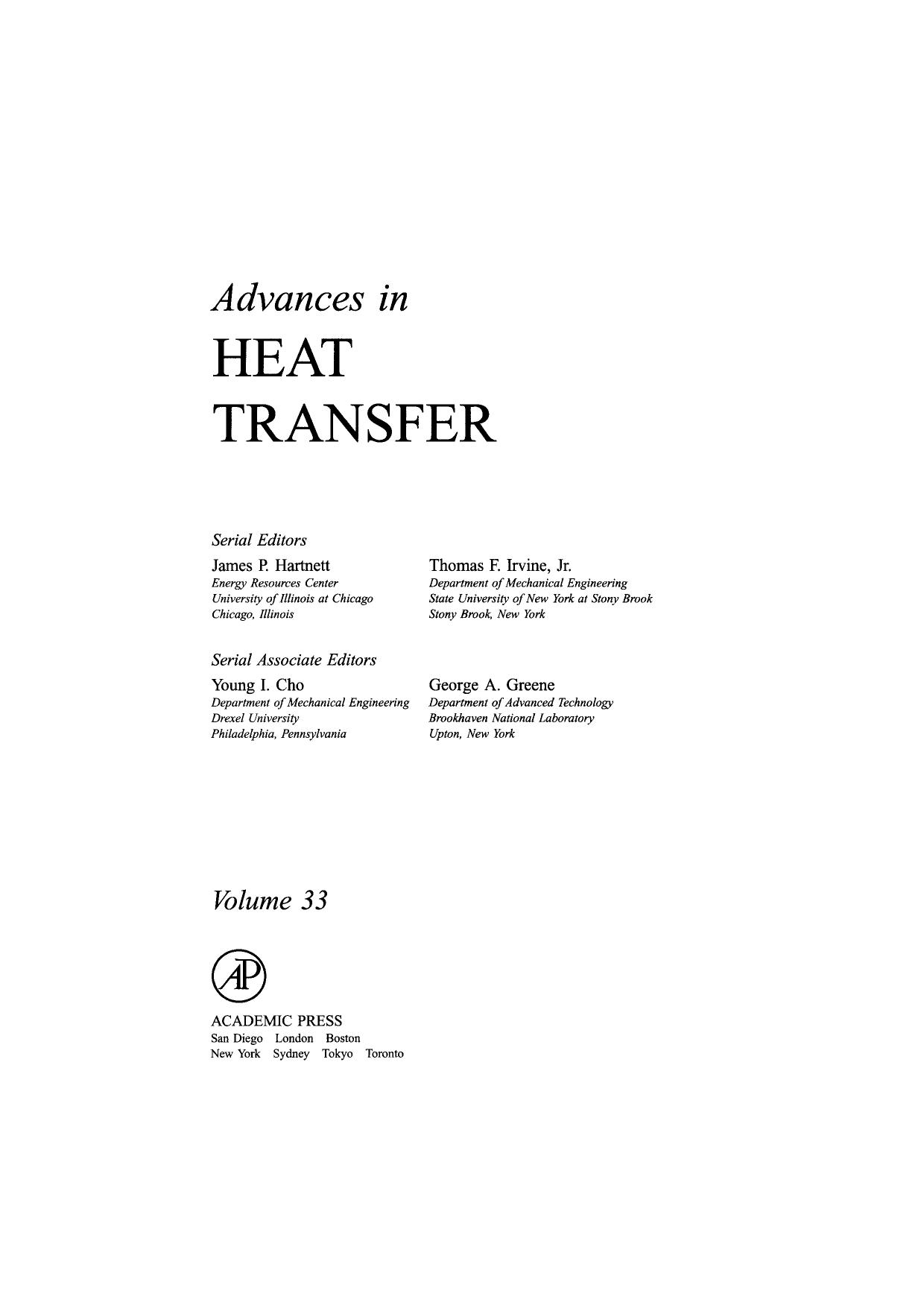 Advances in Heat Transfer, Vol. 33 by James P. Hartnett ? Thomas F. Irvine Young I. Cho George A. Greene