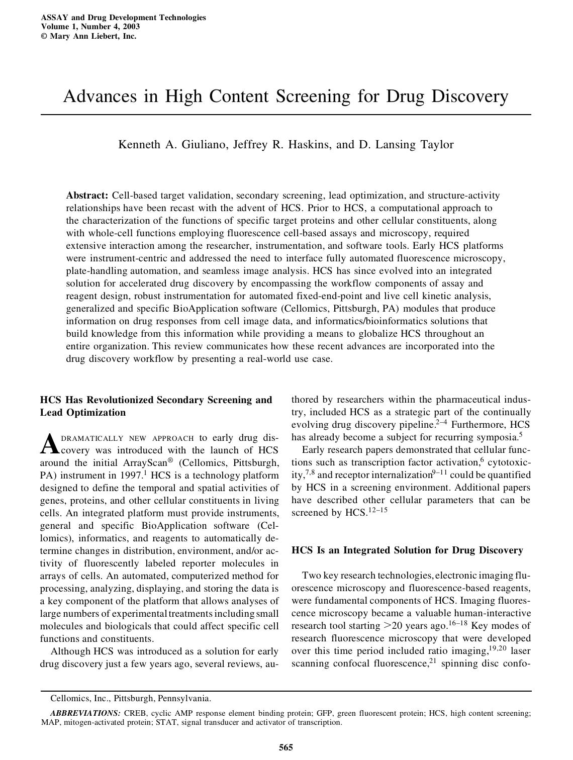Advances in High Content Screening for Drug Discovery by Kenneth A. Giuliano Jeffrey R. Haskins D. Lansing Taylor