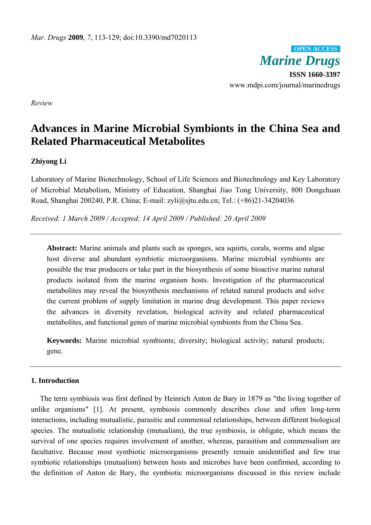 Advances in Marine Microbial Symbionts in the China Sea and Related Pharmaceutical Metabolites by Zhiyong Li