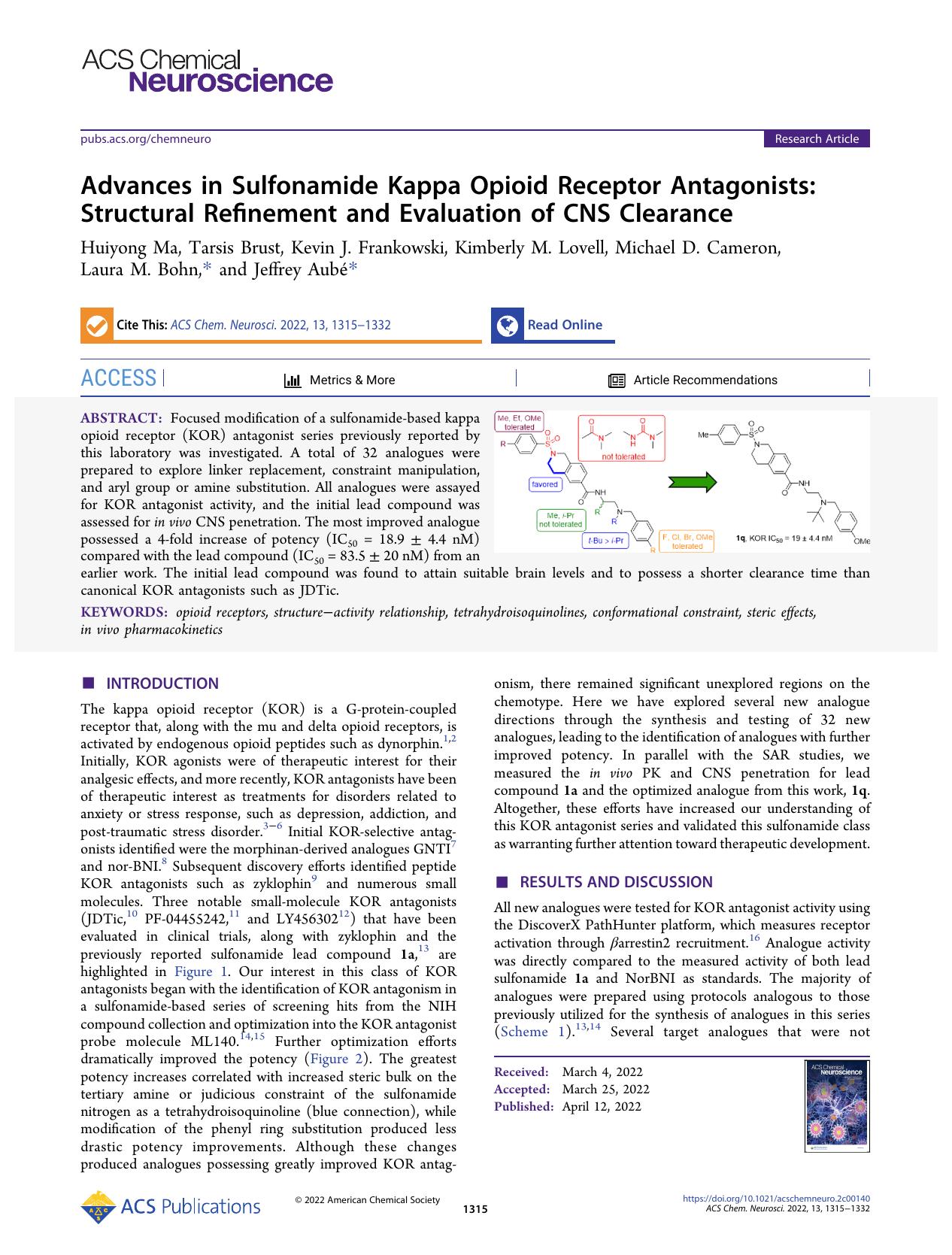 Advances in Sulfonamide Kappa Opioid Receptor Antagonists: Structural Refinement and Evaluation of CNS Clearance by unknow