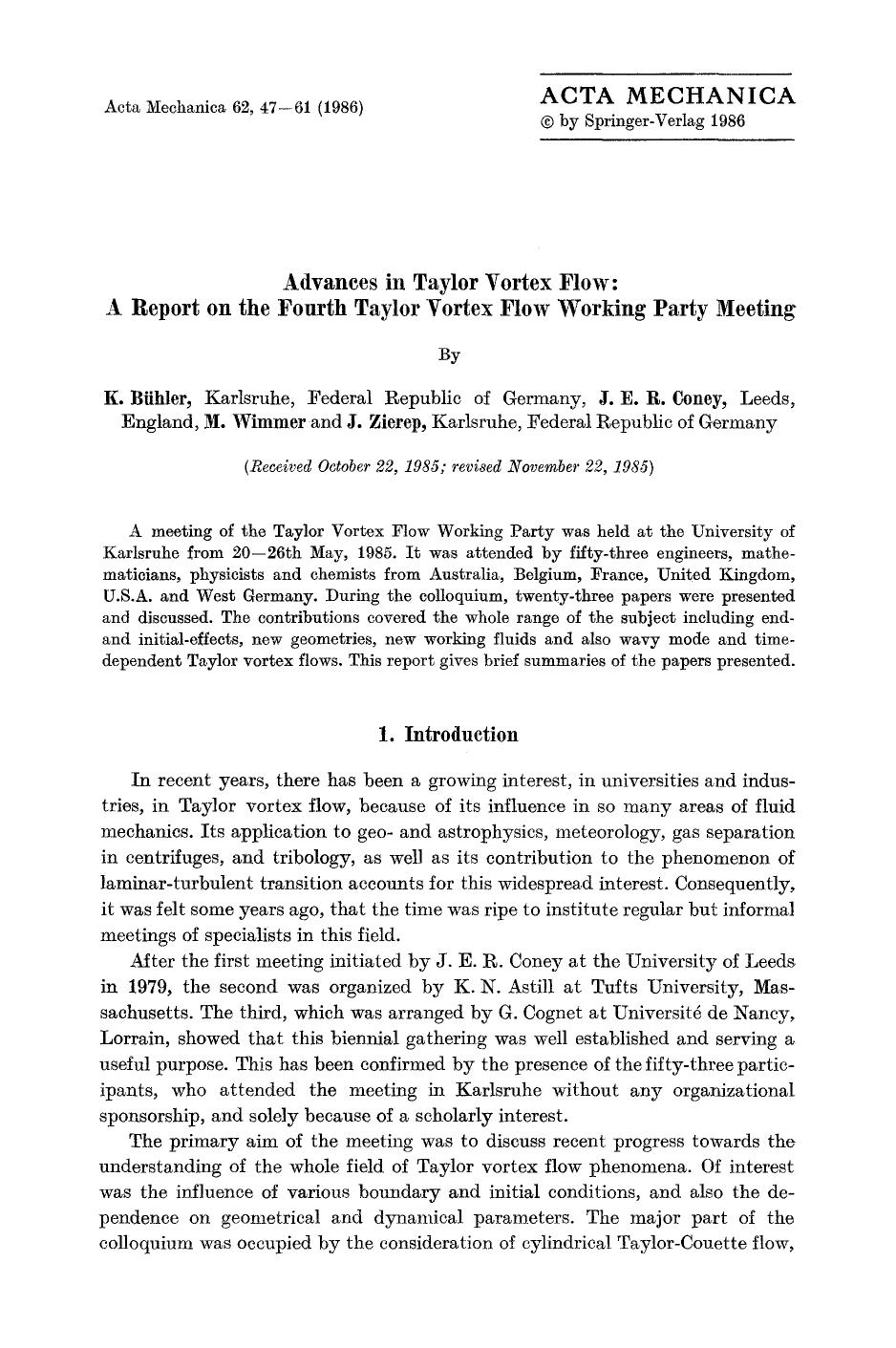 Advances in Taylor Vortex Flow: A report on the Fourth Taylor Vortex Flow Working Party meeting by Unknown