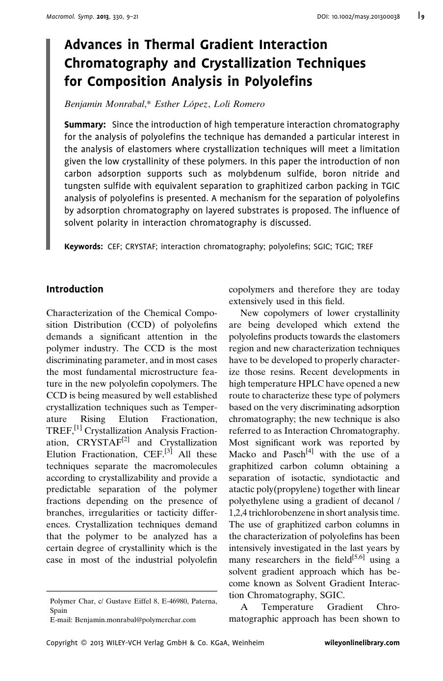 Advances in Thermal Gradient Interaction Chromatography and Crystallization Techniques for Composition Analysis in Polyolefins by Unknown