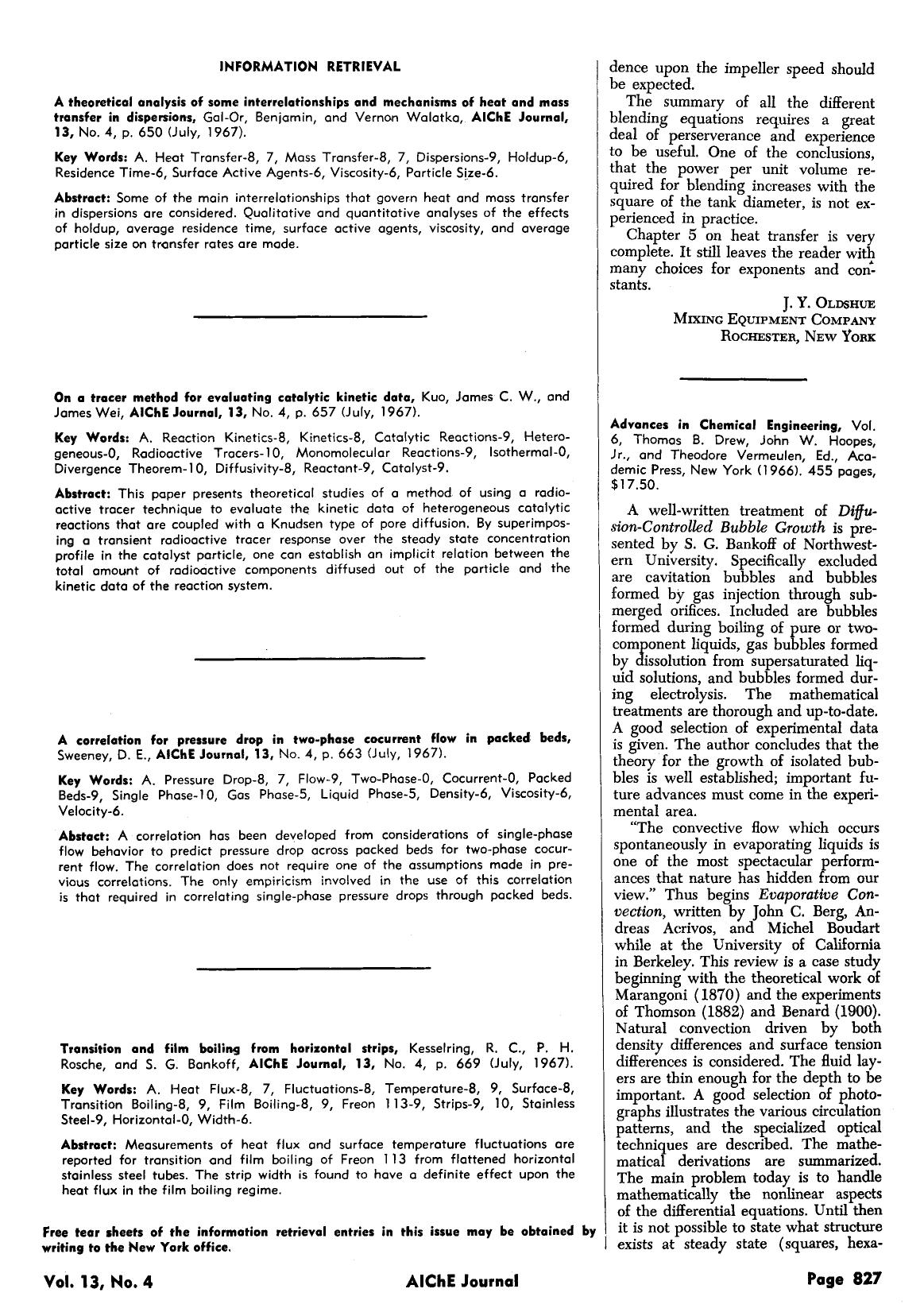 Advances in chemical engineering, vol. 6, Thomas B. Drew, John W. Hoopes, Jr., and Theodore Vermeulen, Ed., Academic Press, New York (1966). 455 pages, [dollar]17.50 by Unknown