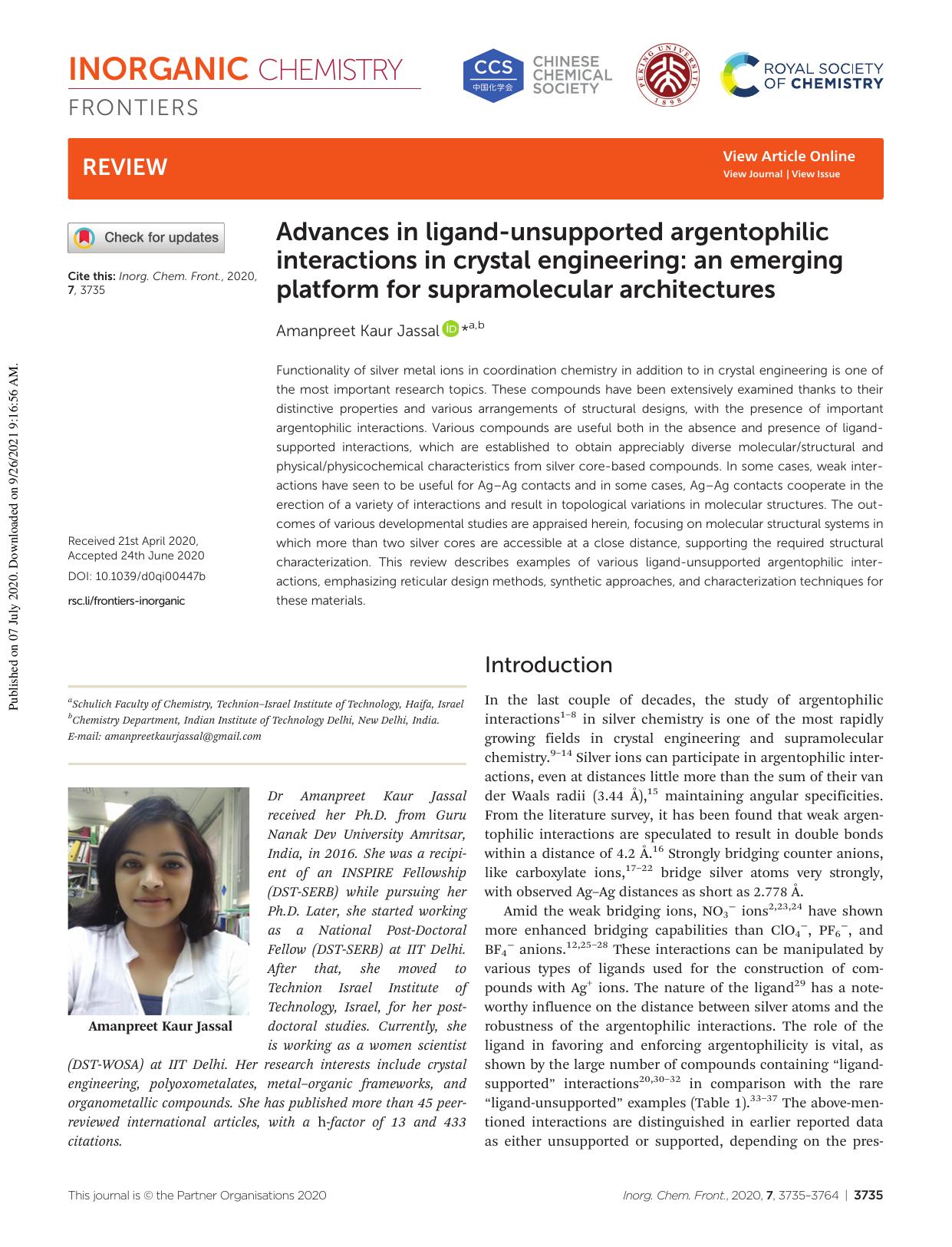 Advances in ligand-unsupported argentophilic interactions in crystal engineering: an emerging platform for supramolecular architectures by Amanpreet Kaur Jassal