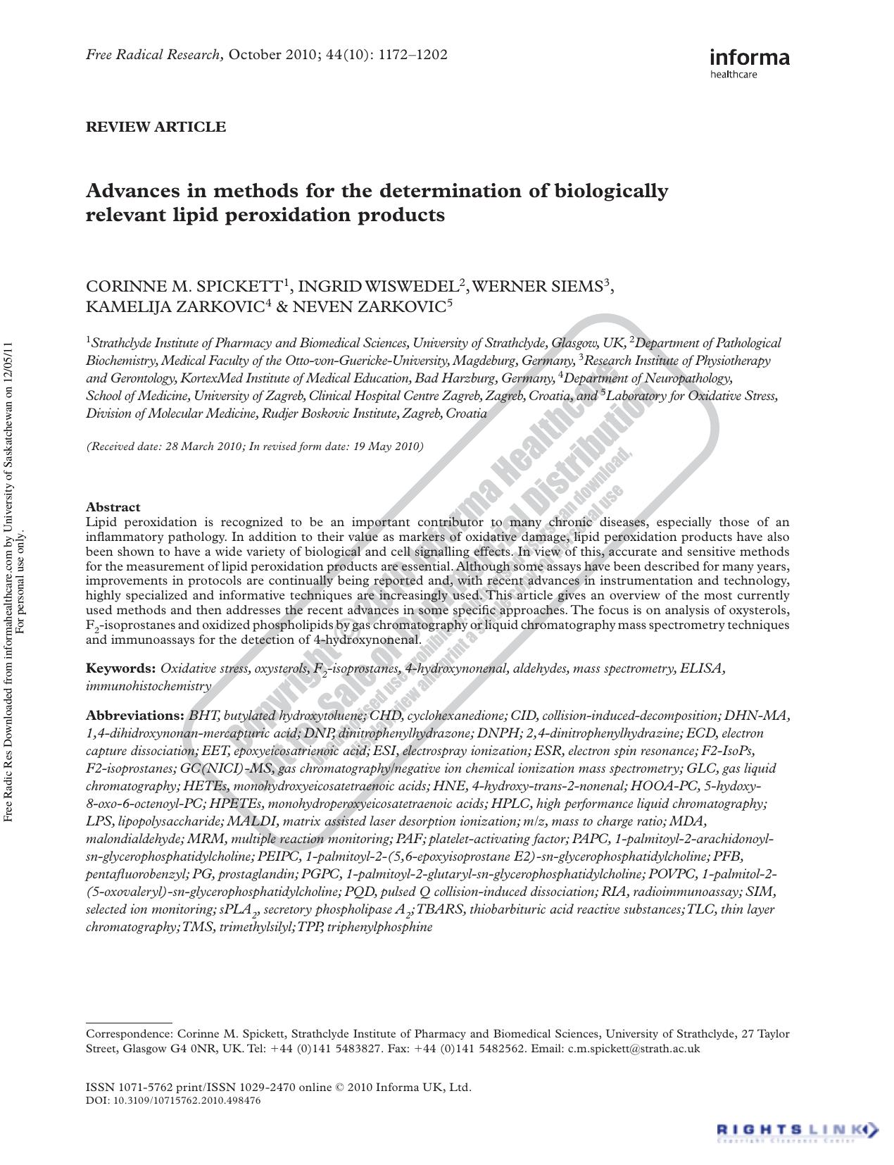 Advances in methods for the determination of biologically relevant lipid peroxidation products by unknow