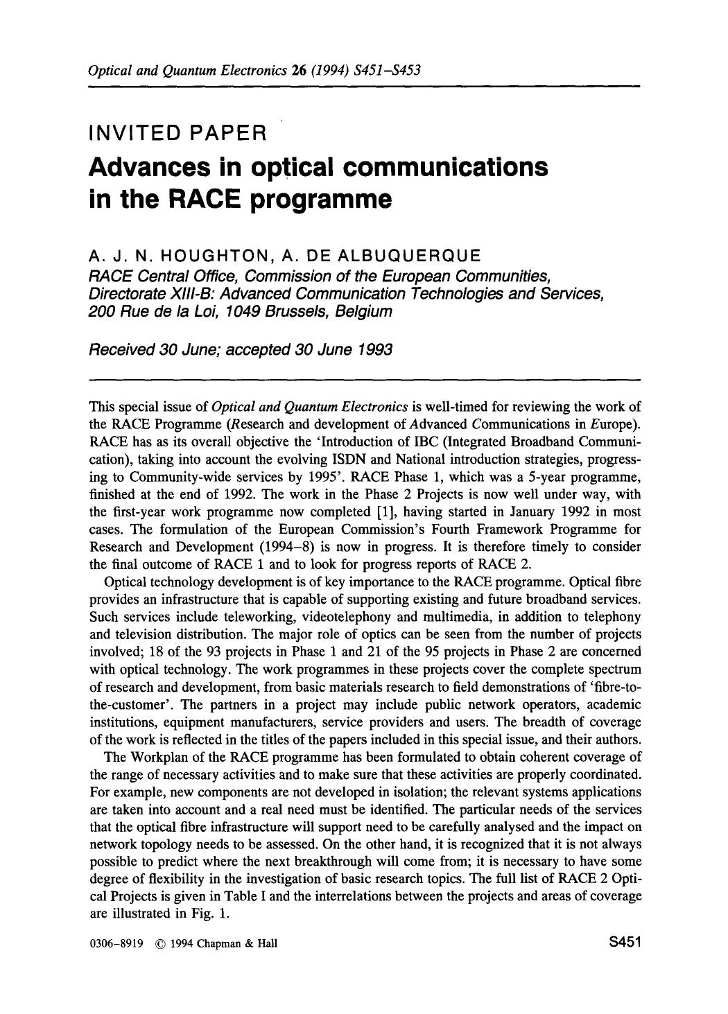 Advances in optical communications in the RACE programme by Unknown