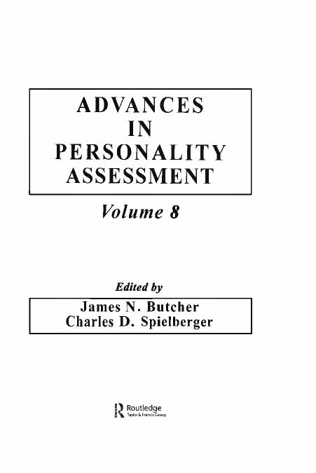 Advances in personality assessment. Volume 8 by Spielberger Charles Donald; Butcher James Neal