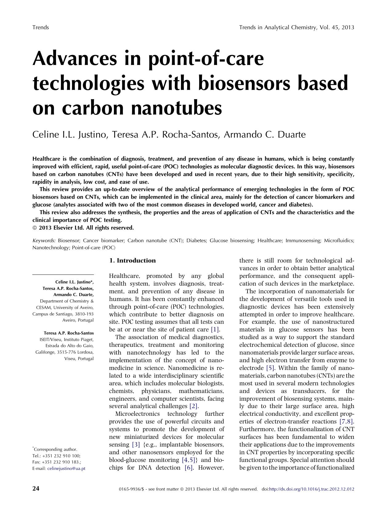 Advances in point-of-care technologies with biosensors based on carbon nanotubes by Celine I.L. Justino & Teresa A.P. Rocha-Santos & Armando C. Duarte