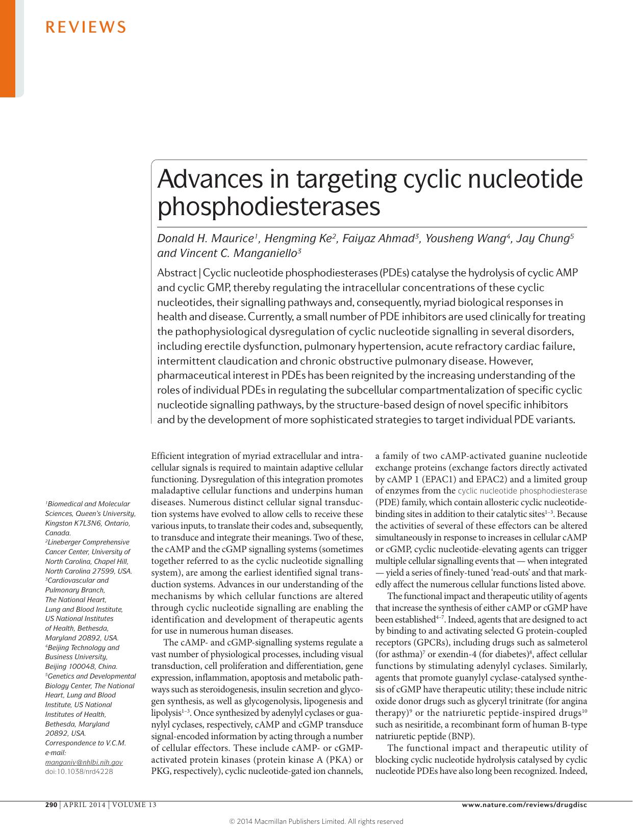 Advances in targeting cyclic nucleotide phosphodiesterases by Donald H. Maurice & Hengming Ke & Faiyaz Ahmad & Yousheng Wang & Jay Chung & Vincent C. Manganiello