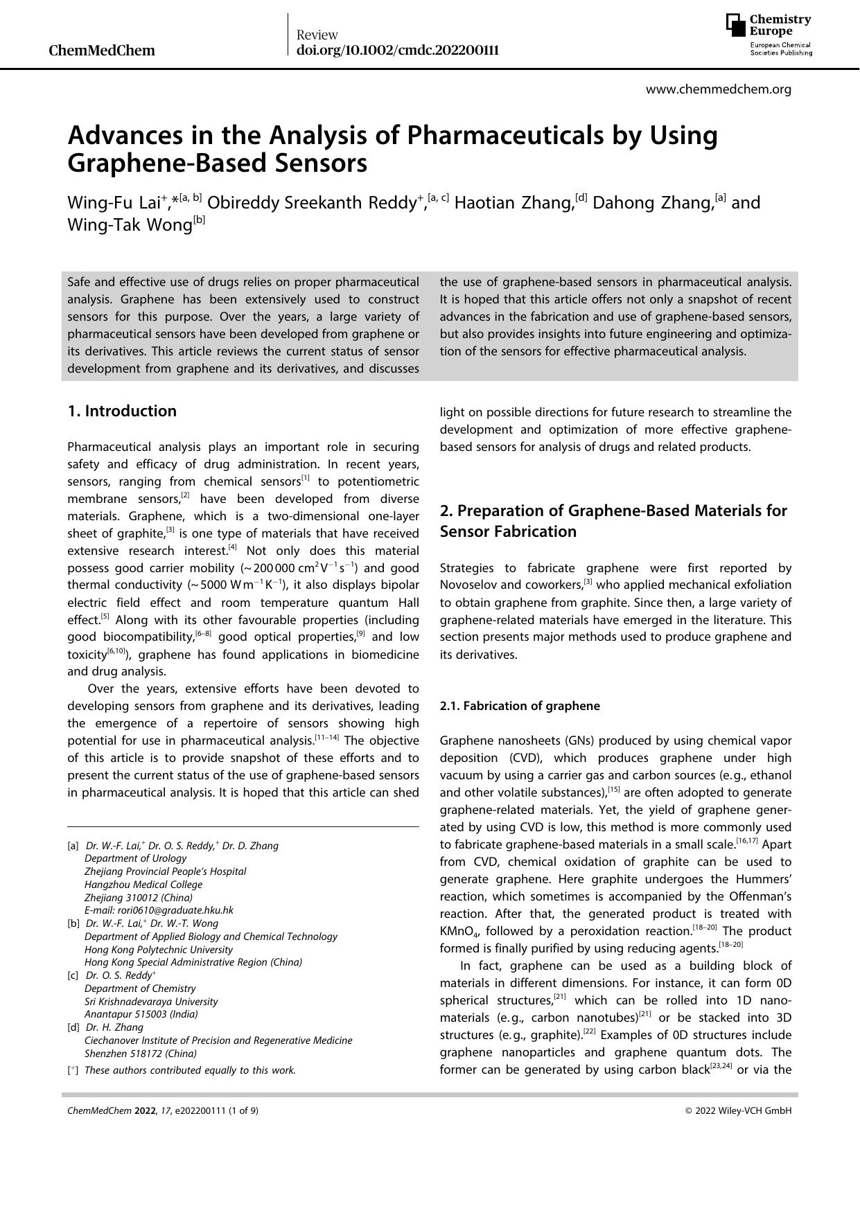 Advances in the Analysis of Pharmaceuticals by Using GrapheneâBased Sensors by Unknown